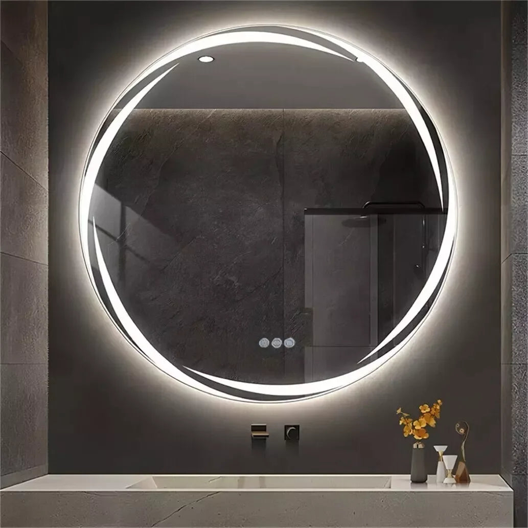 Round Illuminated LED Light Bathroom Mirror Luxury Wall Mounted Vanity Dressing Mirror with 3 Color Lights Anti-fog