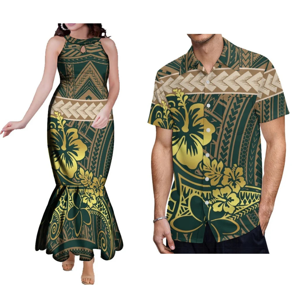 Floral Print Polynesian Couple Set Samoa Tonga Ladies Fashion Evening Dress Hip Wrap Fishtail Dress Party Men'S Shirt
