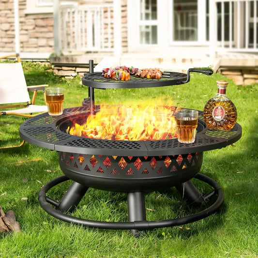 36 Inch Fire Pit with Grill,Wood Burning Fire Pits for Outside with Lid& Fire Poker,Round Metal Firepit Table 3 in 1 with Cookin