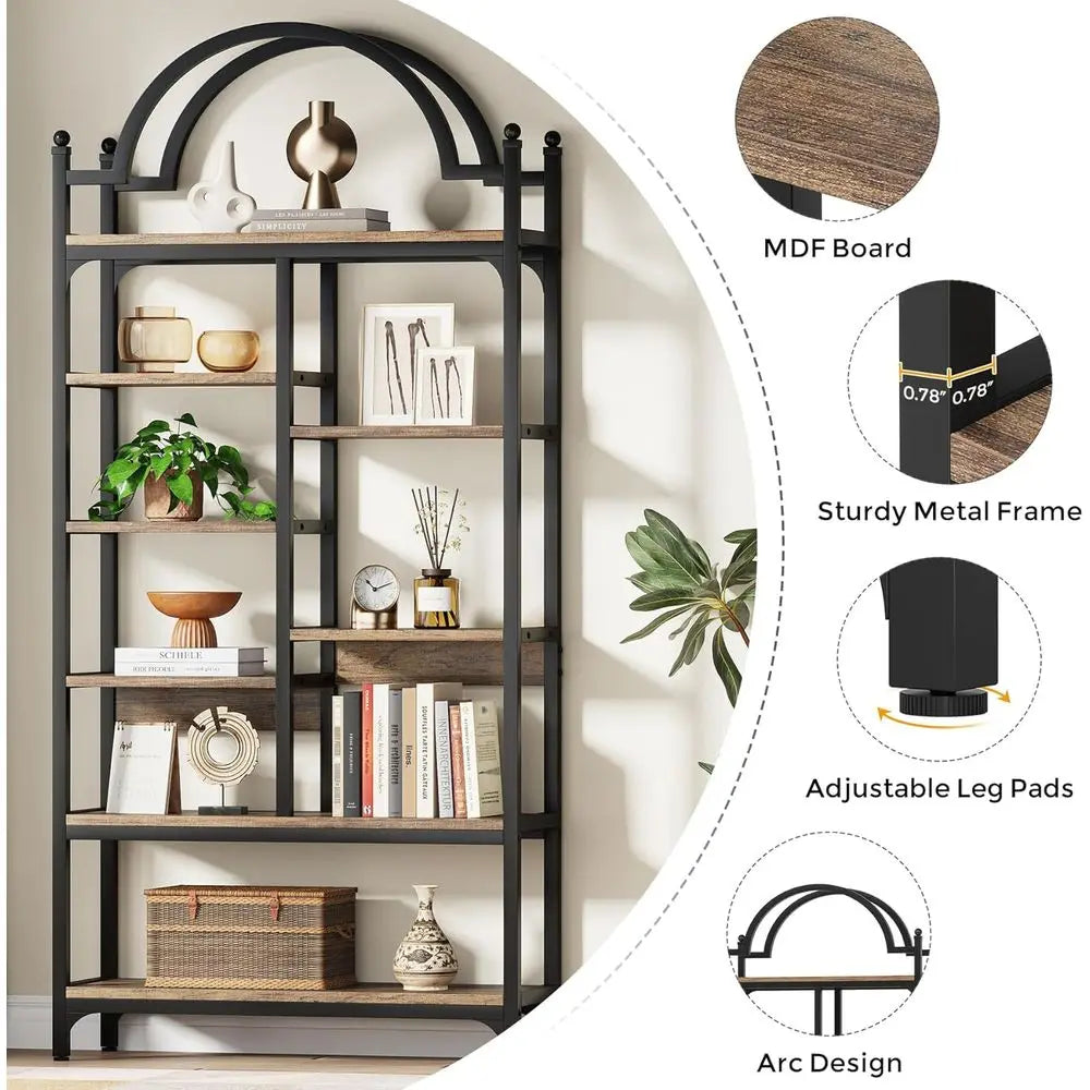 8-Tier Industrial Arched Etagere Bookcase, Open Display Storage Shelf for Living Room, Bedroom, Home Office, Rustic Brown