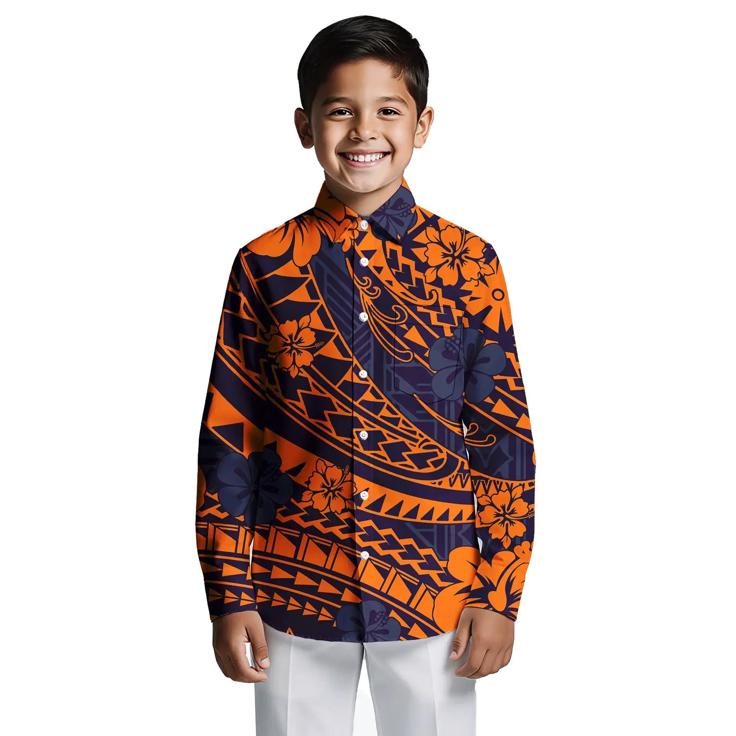Custom Print on Demand Boys Beach Tropical Hawaii Shirt Boy Polynesian Tribal Button Down Aloha Long Sleeve Boys Shirts
