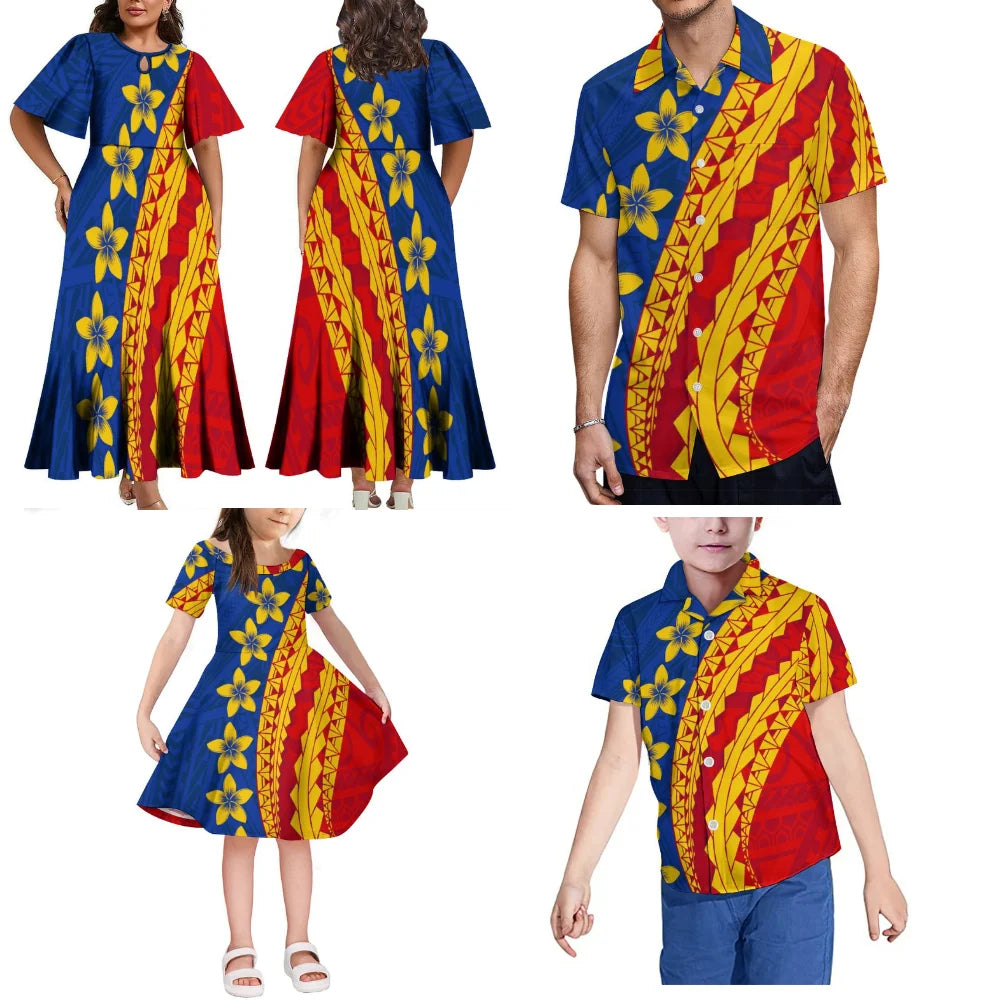 Summer Short Sleeve Fiji Island Style Women's Dress Men's Shirt Polynesian Art Print Art Family Party Set