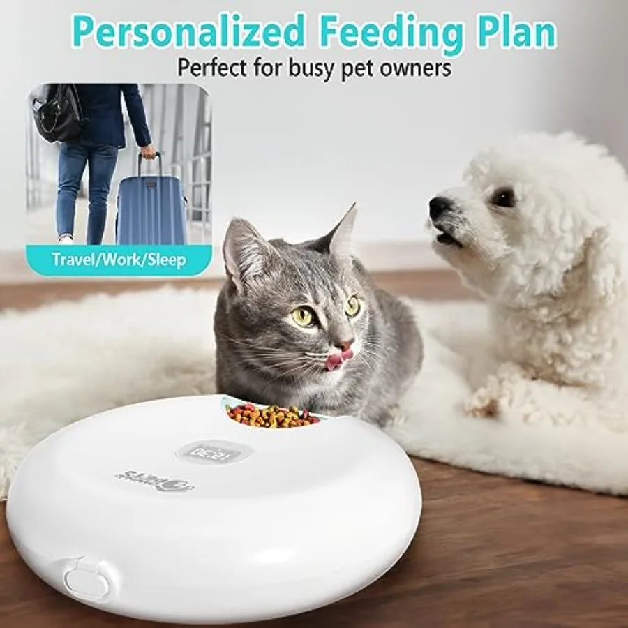 6 Meals Automatic Pet Feeder for Wet/Dry Food with 2 Ice Packs, Programmable Timed Feeder Cordless Rechargeable Battery.