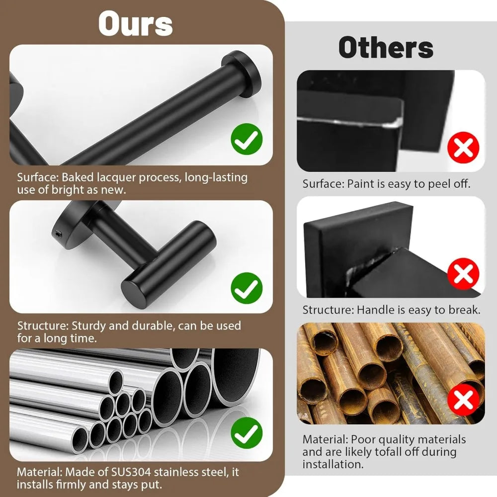 10-Piece Matte Black Bathroom Towel Bar Set, SUS304 Stainless Steel, Wall Mounted, 23.6 Inch