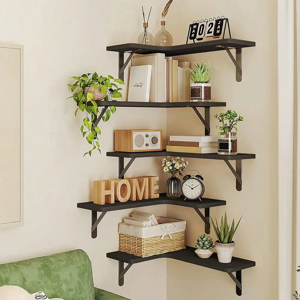 5pcs Corner Floating Shelves Rustic Wood Wall Mounted Shelf For Bathroom Kitchen Bedroom