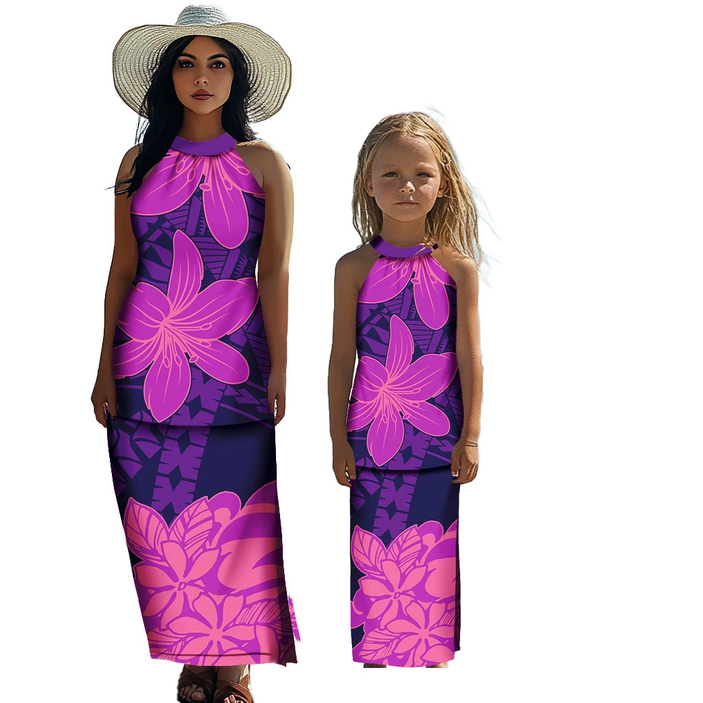 Polynesian Tribal Matching Family Outfits Samoan Puletasi Dress Toddler Girls Dresses Kids Clothes