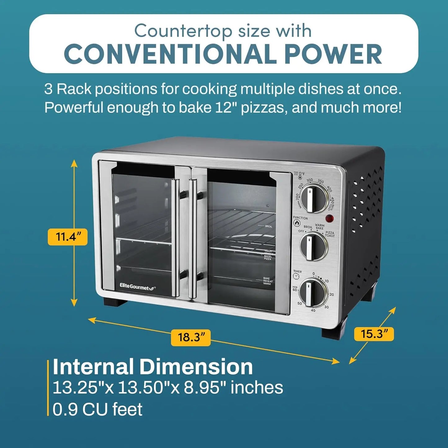Double French Door Countertop Toaster Oven, Bake, Broil, Toast, Keep Warm, Fits 12' pizza, 25L capacity, StainlSteel