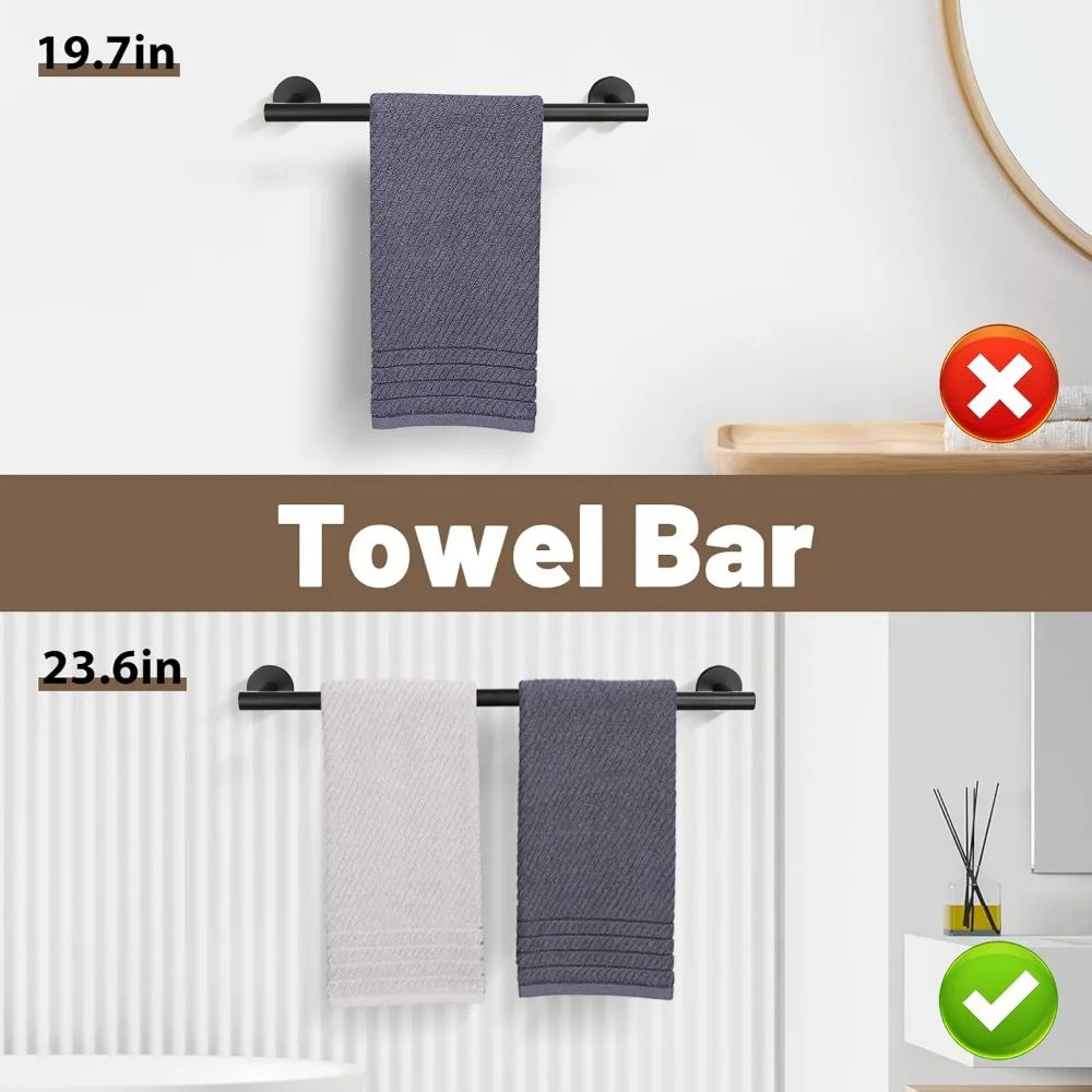 10-Piece Matte Black Bathroom Towel Bar Set, SUS304 Stainless Steel, Wall Mounted, 23.6 Inch