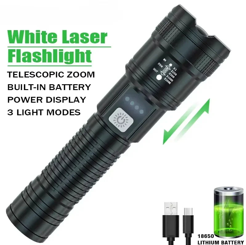 Powerful P70 LED Flashlights, Ultra Bright Tactical Light, Emergency Spotlights, Telescopic Zoom Light, Built-in Battery, 5000LM