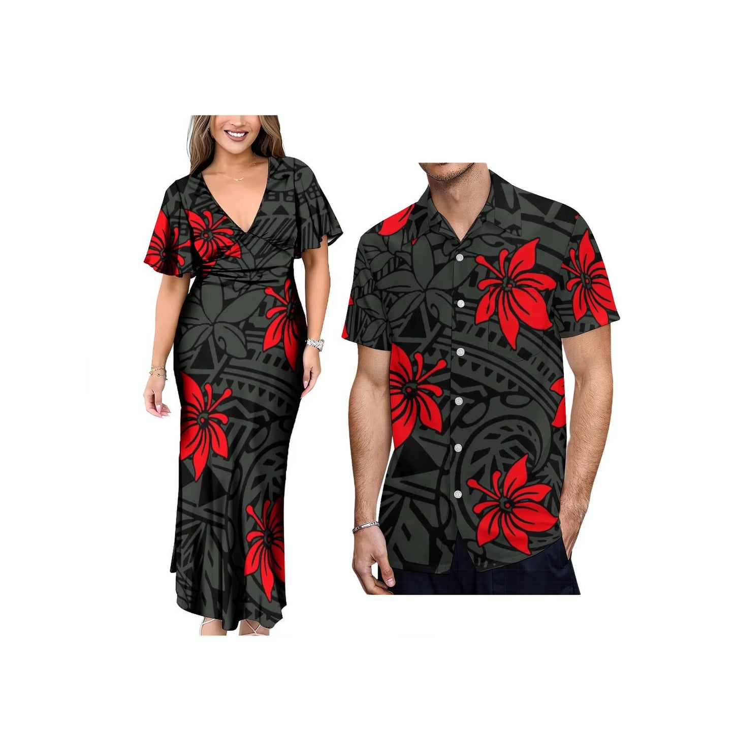 New 1MOQ Custom Print Polynesian Island Style Dress Neck Bels Flare Sleeve Long Dress Big People Size Party Dress