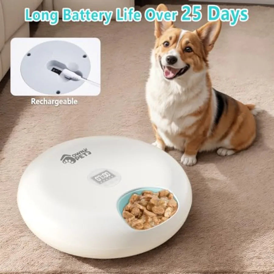 6 Meals Automatic Pet Feeder for Wet/Dry Food with 2 Ice Packs, Programmable Timed Feeder Cordless Rechargeable Battery.