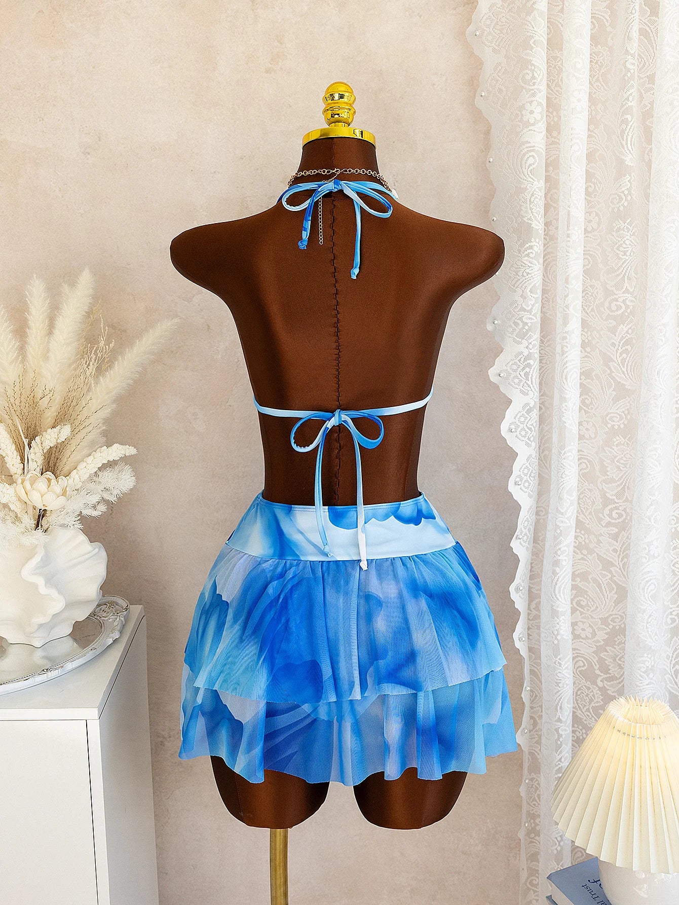 Women's Blue Floral Print Bikini Set, Halter Ruffled Triangle Top with Layered Mesh Skirt Two Piece Swimsuit for Beach Vacation
