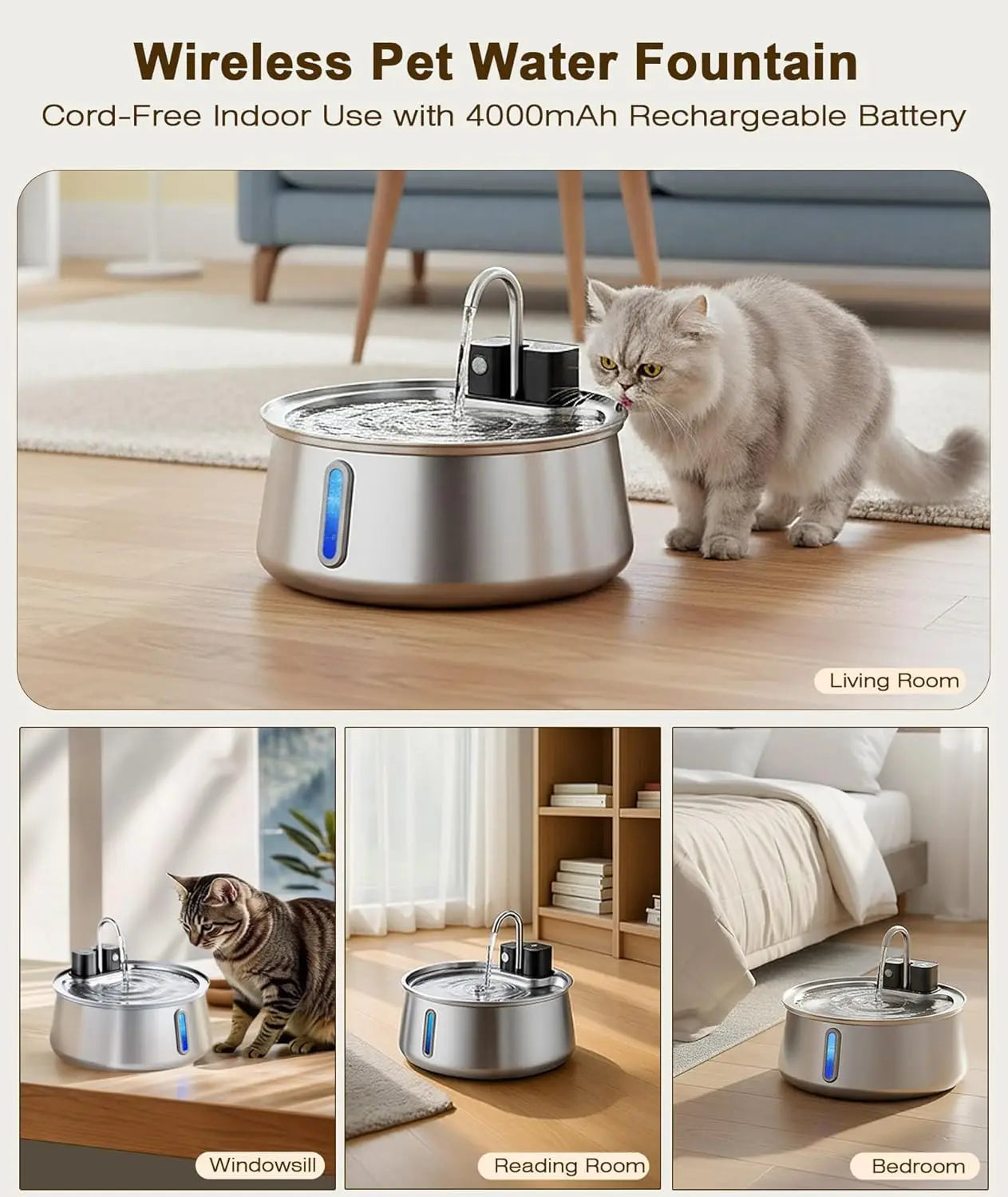 Cordless Cat & Dog Water Fountain, Stainless Steel 4L Automatic Pet Dispenser with Motion Sensor, Multi-Filtration, Quiet Pump
