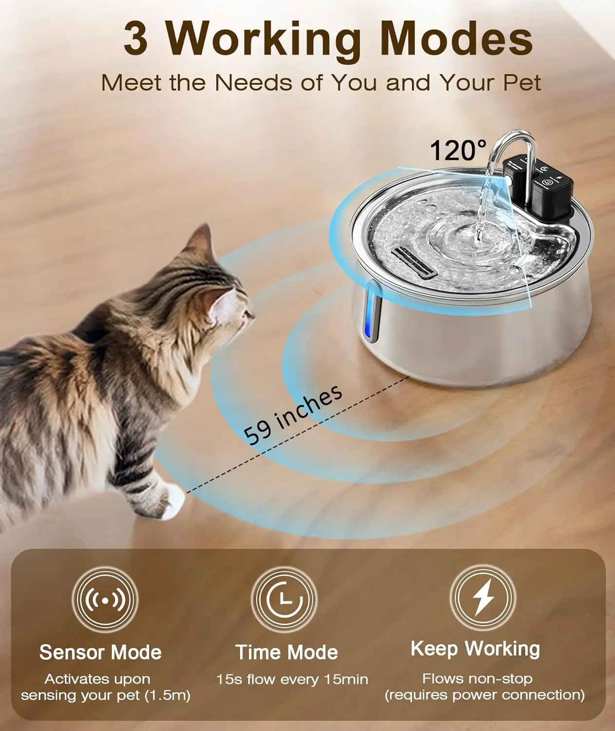 Cordless Cat & Dog Water Fountain, Stainless Steel 4L Automatic Pet Dispenser with Motion Sensor, Multi-Filtration, Quiet Pump