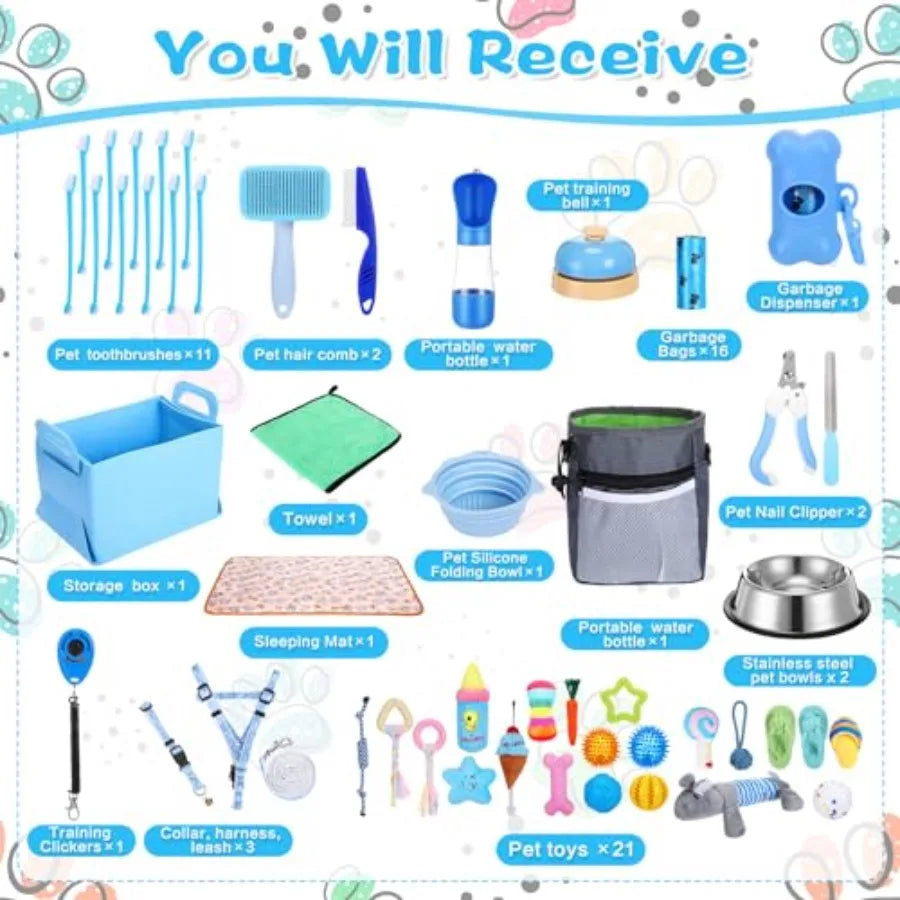65 Pcs Puppy Supplies Starter Kit Small Dog Essentials Includes Dog Leash & Toys