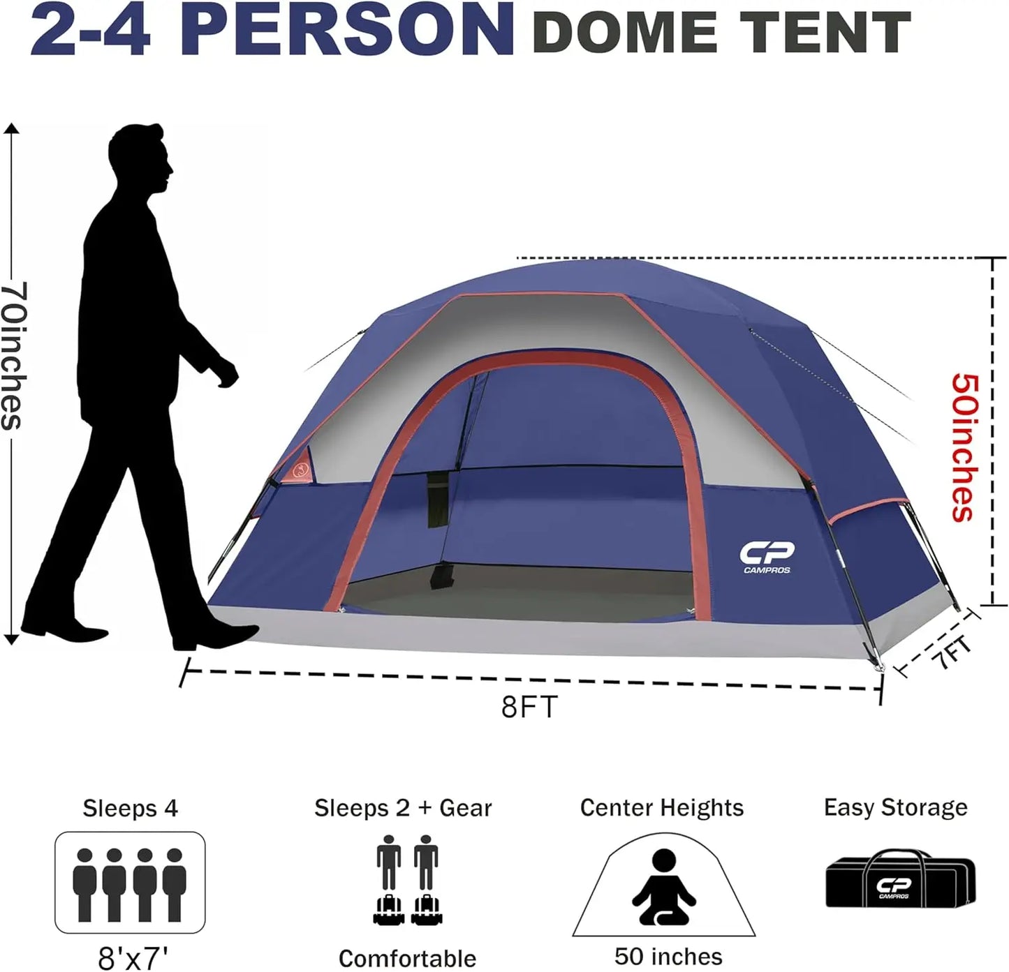 4 Person Waterproof Windproof Camping Tent, Easy Setup Dome Tent with Large Mesh Windows & Wider Door for Outdoor Hiking