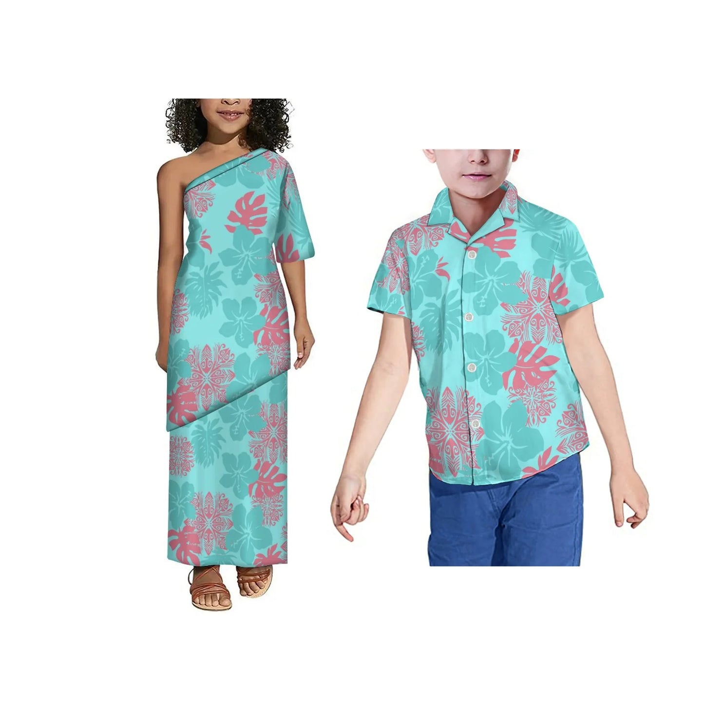 Hot Sale Custom Polynesian Tribal Print Girls Puletasi Kids Off Shoulder Toddler Dress Children 2 Piece Set Dress