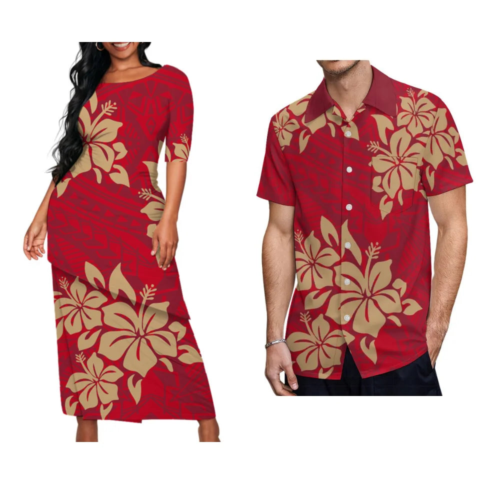 Polynesian Floral Print Custom Summer Crew-Neck Puletasi Diagonal Design New Set  Matching Clothing