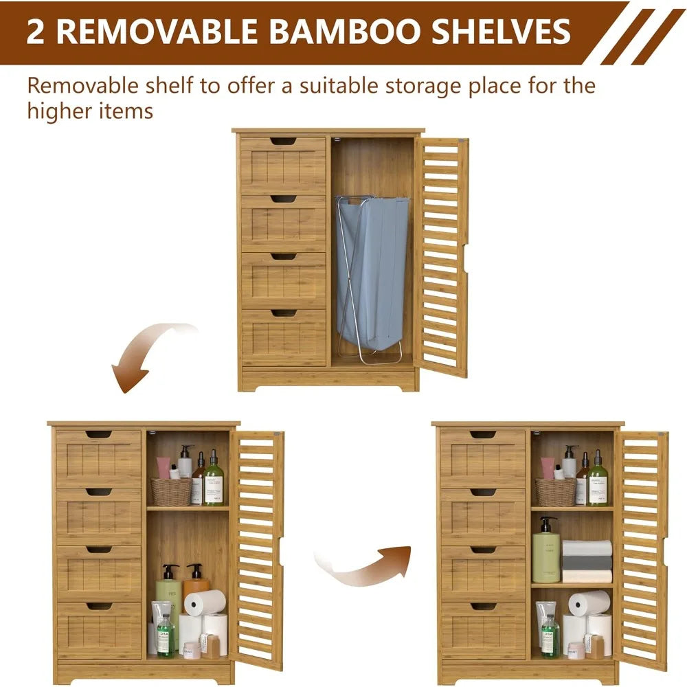Freestanding Bamboo Bathroom Cabinet with Removable Shelves and Waterproof Coating