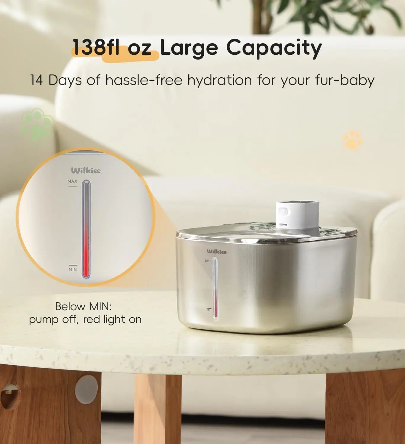 Stainless Steel Water Fountain, 138fl.oz/4.1L Cordless Pet Dispenser for Indoor Cats & Dogs
