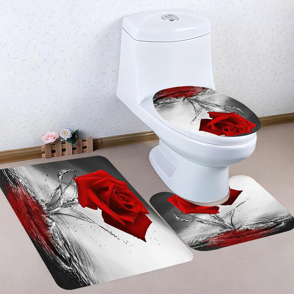 Red Rose Bathroom Four-piece Set - Avant-garde Waterproof Shower Curtain, creating a complete bathroom kit