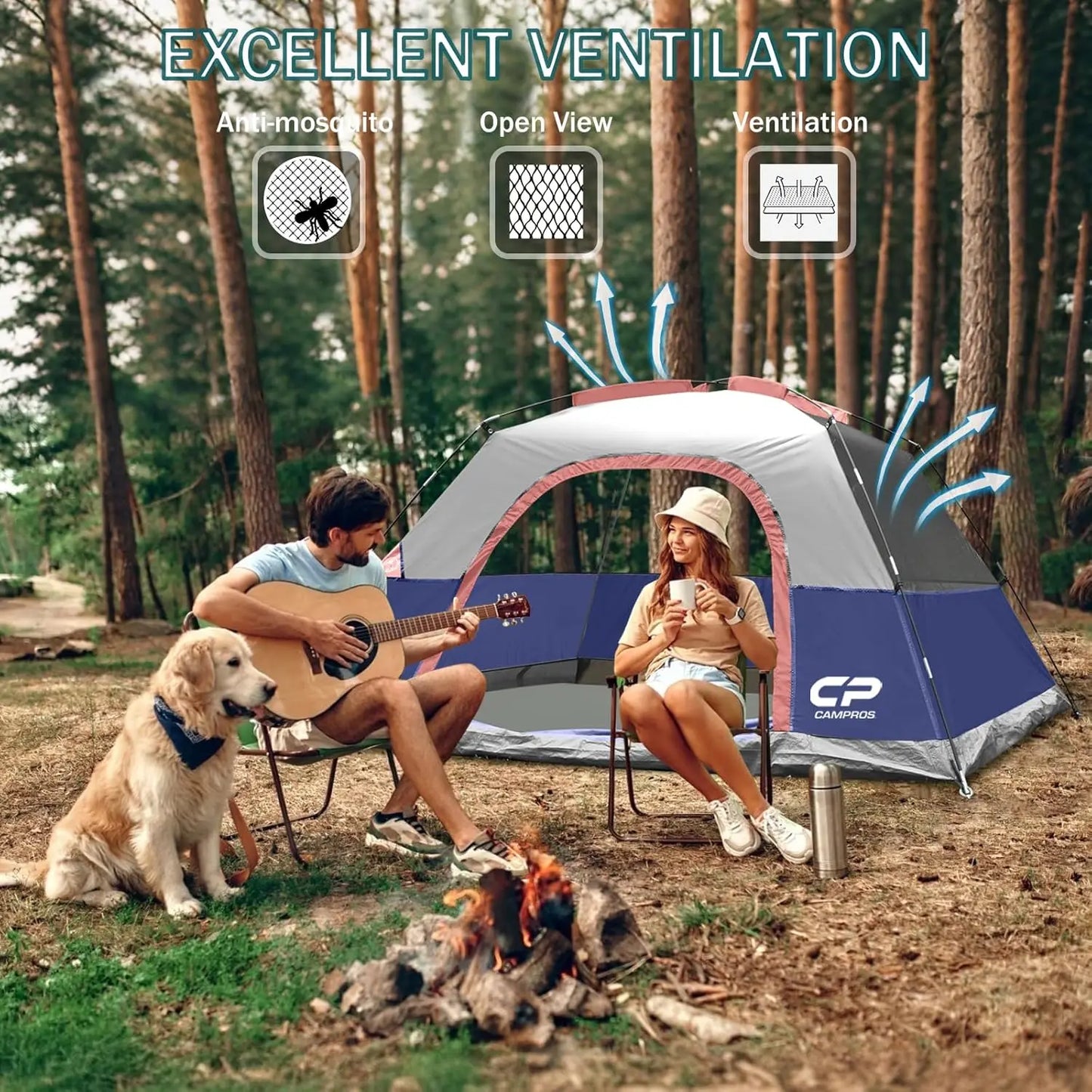 4 Person Waterproof Windproof Camping Tent, Easy Setup Dome Tent with Large Mesh Windows & Wider Door for Outdoor Hiking