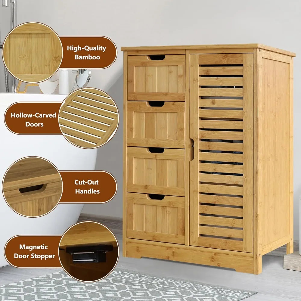 Freestanding Bamboo Bathroom Cabinet with Removable Shelves and Waterproof Coating