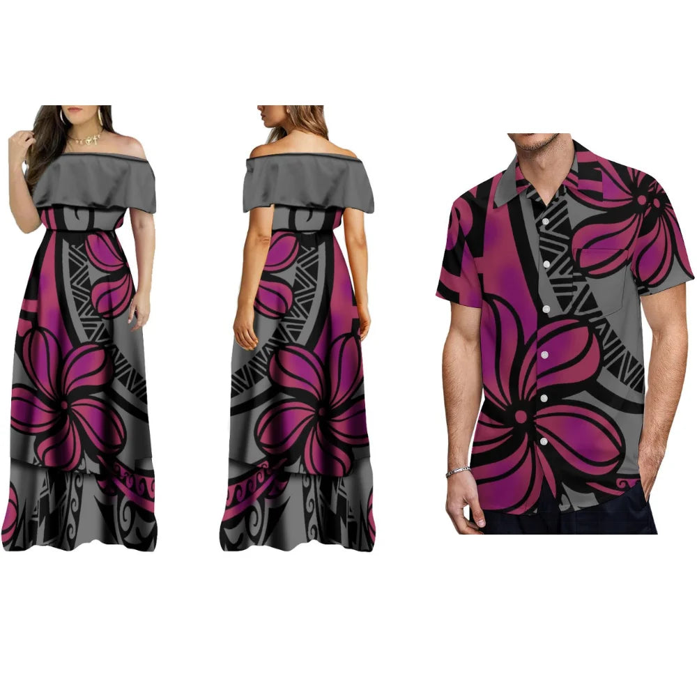 Hawaiian Floral Print Women'S Off-The-Shoulder Long Dress Cocktail Evening Dress And Men's Shirt Polynesian With Couple Suits