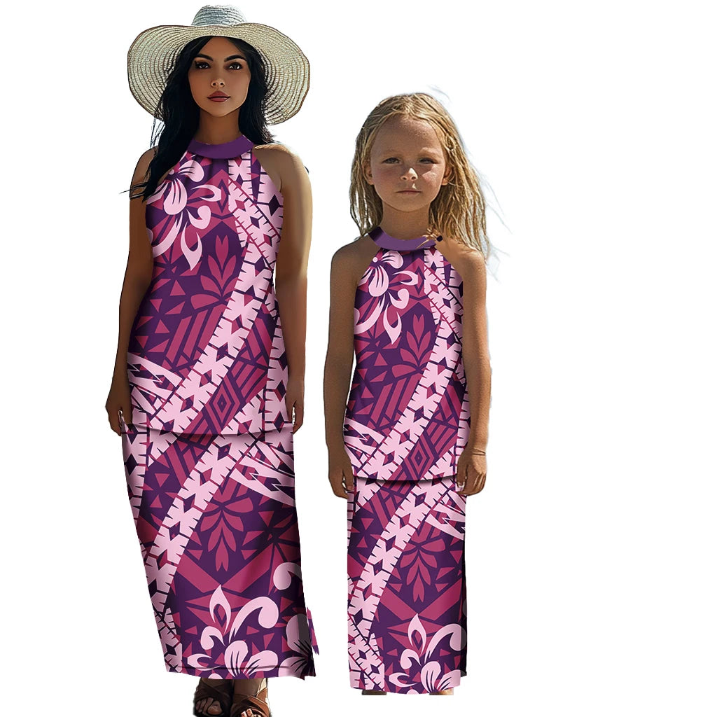 Polynesian Tribal Matching Family Outfits Samoan Puletasi Dress Toddler Girls Dresses Kids Clothes