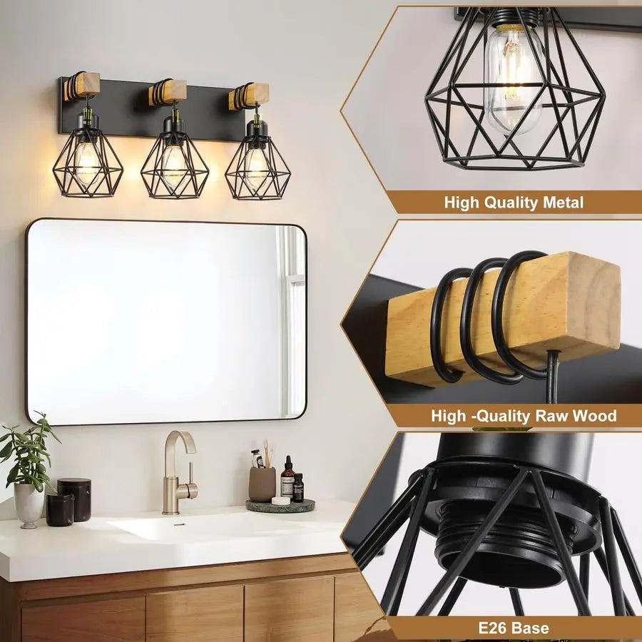 Farmhouse Vanity Light Fixtures, Wood Bathroom Light Fixtures Over Mirror, Rustic Sconces Wall Lighting with Elegant Me