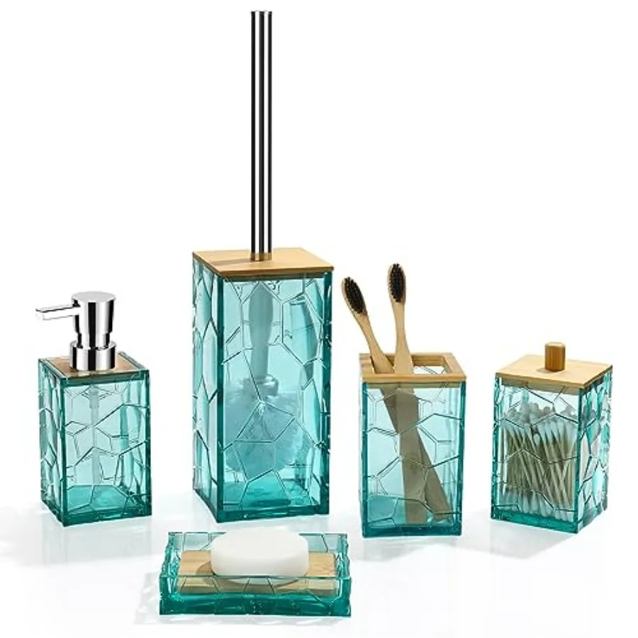 Teal Blue Beach Bathroom Accessories Set Toothbrush Holder Soap Dispenser Cotton Swabs Holder Soap Dish Toilet Brush with Holde