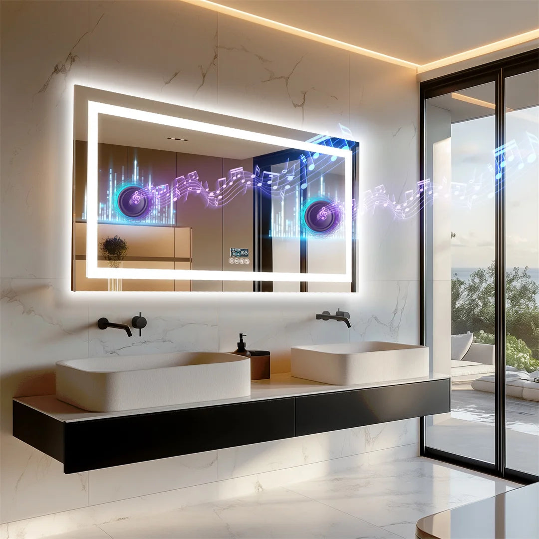 Large Illuminated Bluetooth Bathroom Mirror Rectangle Anti-fog LED Bathroom Vanity Mirror with Bluetooth Speaker 3 Color