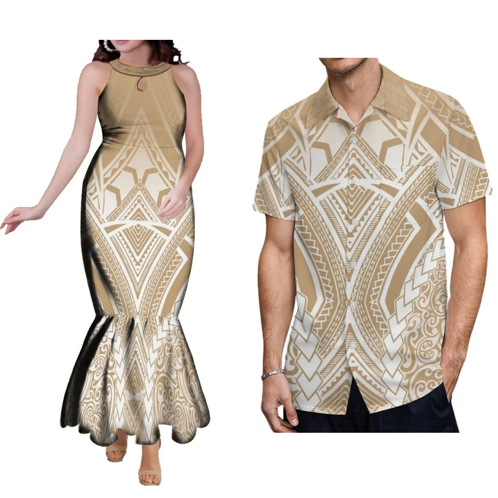 Floral Print Polynesian Couple Set Samoa Tonga Ladies Fashion Evening Dress Hip Wrap Fishtail Dress Party Men'S Shirt