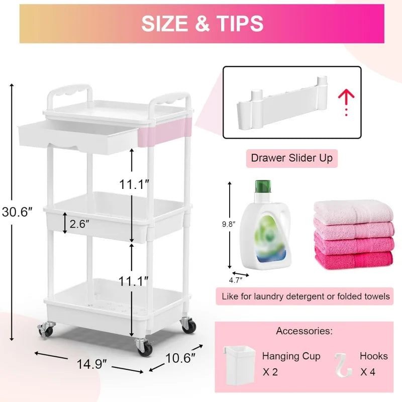 3 Tier Rolling Utility Cart Organizer with Removable Drawer, Stable and Sturdy White Rolling Storage Carts