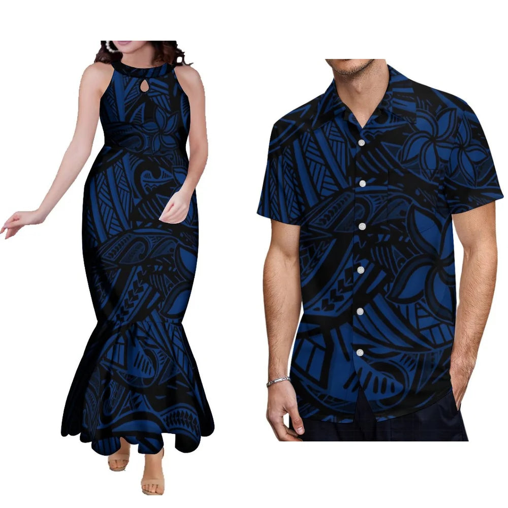 Floral Print Polynesian Couple Set Samoa Tonga Ladies Fashion Evening Dress Hip Wrap Fishtail Dress Party Men'S Shirt