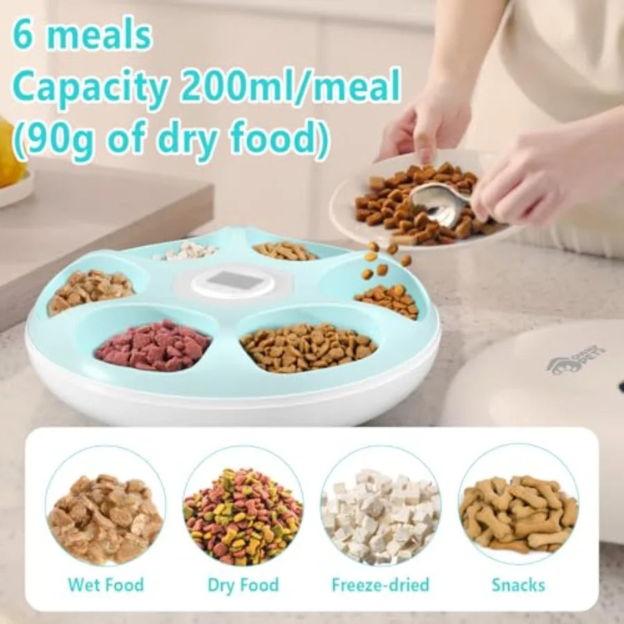 6 Meals Automatic Pet Feeder for Wet/Dry Food with 2 Ice Packs, Programmable Timed Feeder Cordless Rechargeable Battery.