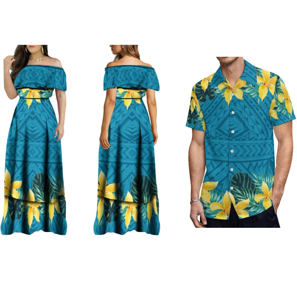 Hawaiian Floral Print Women'S Off-The-Shoulder Long Dress Cocktail Evening Dress And Men's Shirt Polynesian With Couple Suits