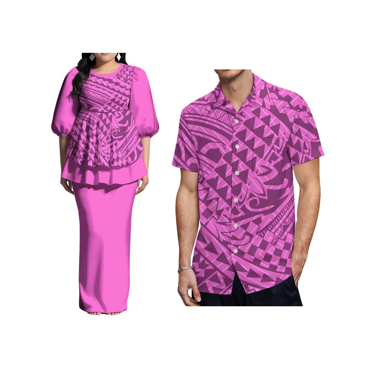 Ladies Puletasi Dress Samoan Print Polynesian Puff Half Sleeve Long Maxi Dress Back Slit Dress 2 Piece and Men's Aloha Shirts