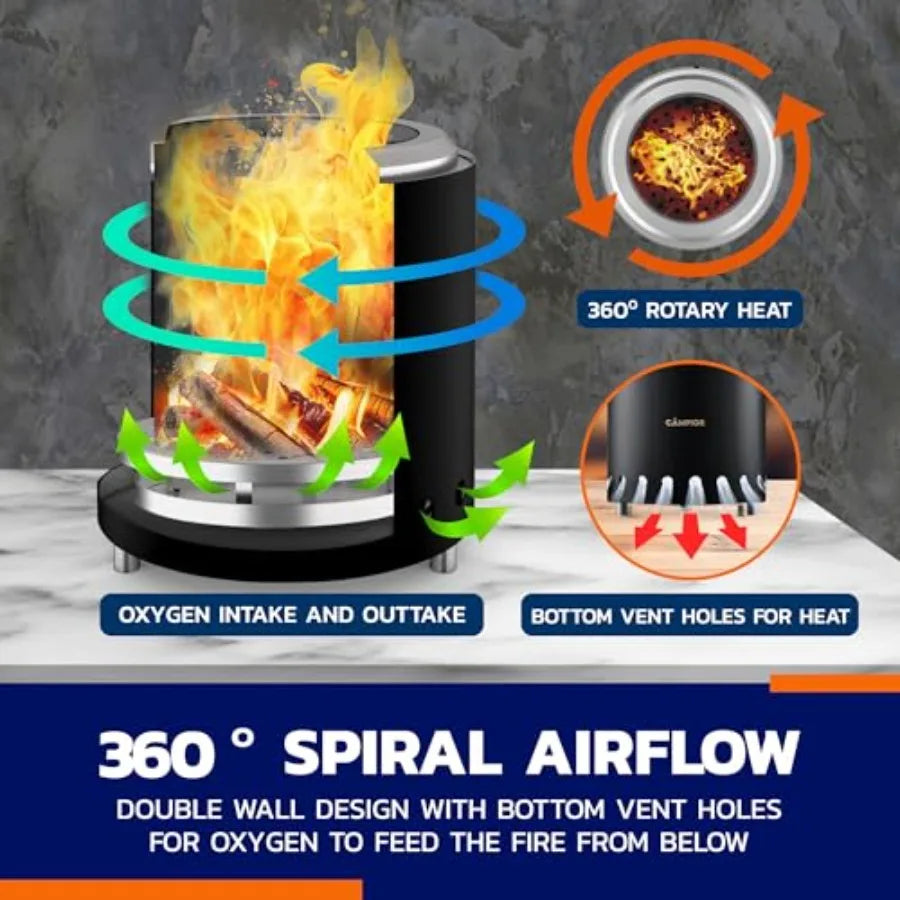 Smokeless Outdoor Wood Burning Fire Pit Stove with Black Stainless Steel Exterior Removable Ash Pan Stand and Carry Bag for Cam