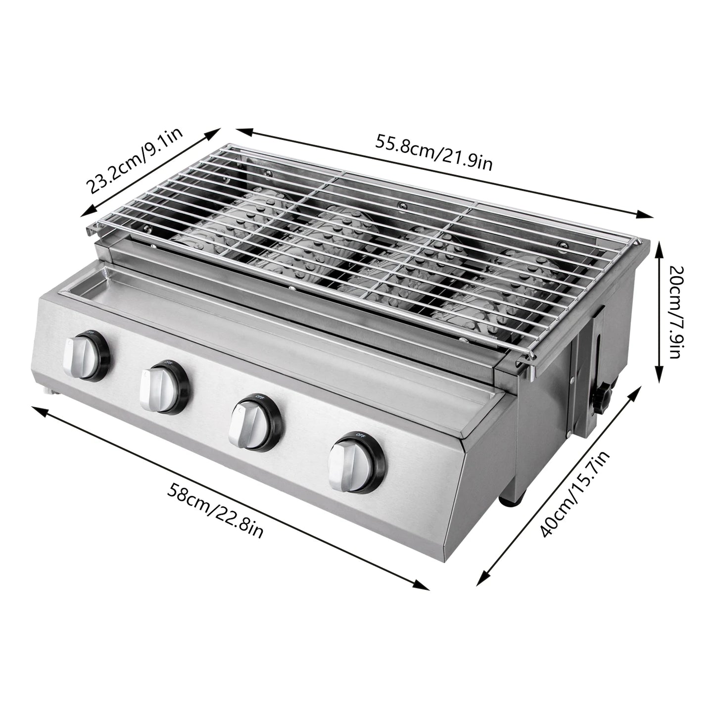 Professional 4-Burner Stainless Steel Portable Tabletop Propane/LPG Gas Grill ,Smokeless for Camping & Indoor/Outdoor BBQ