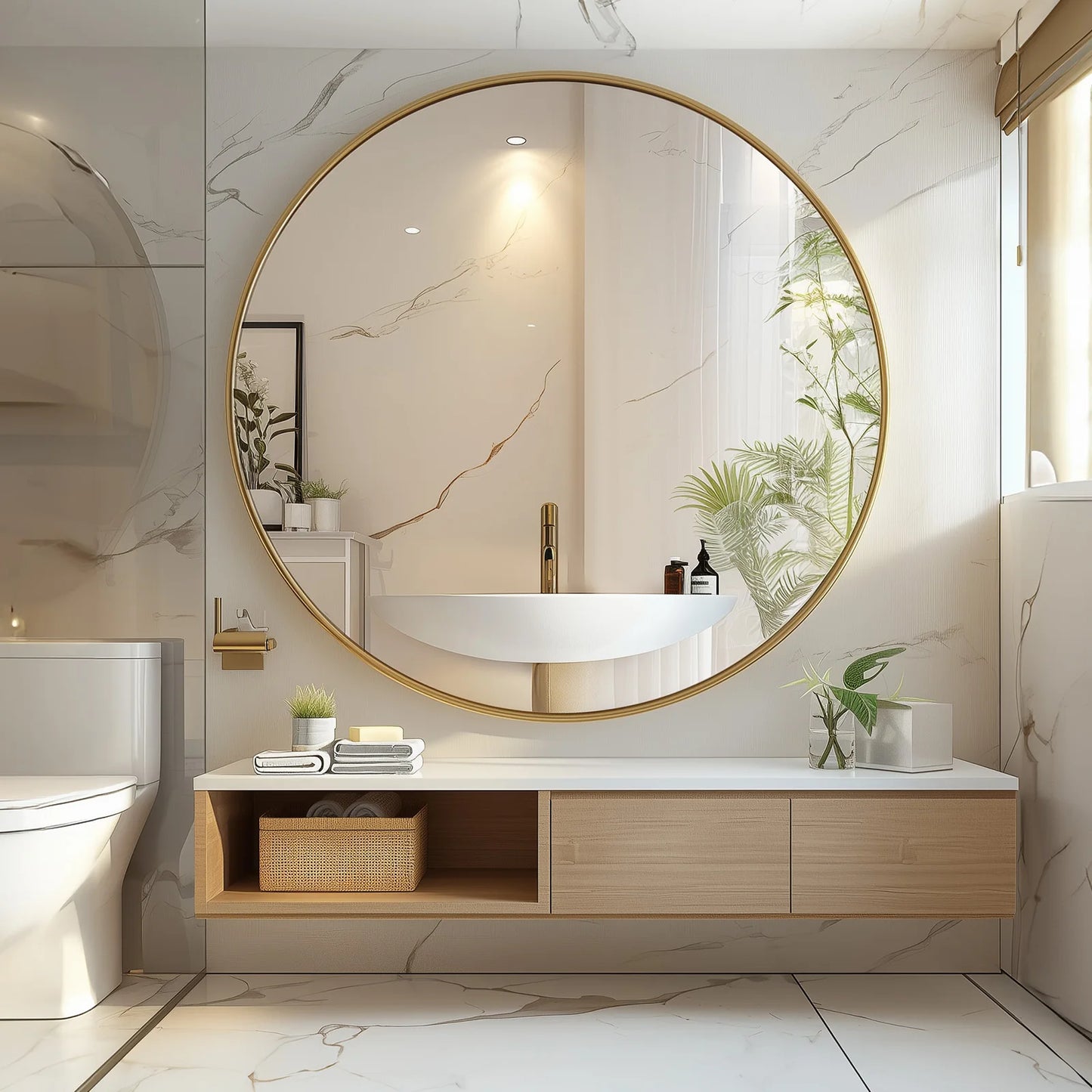 Large Gold Round Vanity Framed Mirror for Wall Matte Metal Framed Modern Mirror Tempered Glass Bedroom Living Room