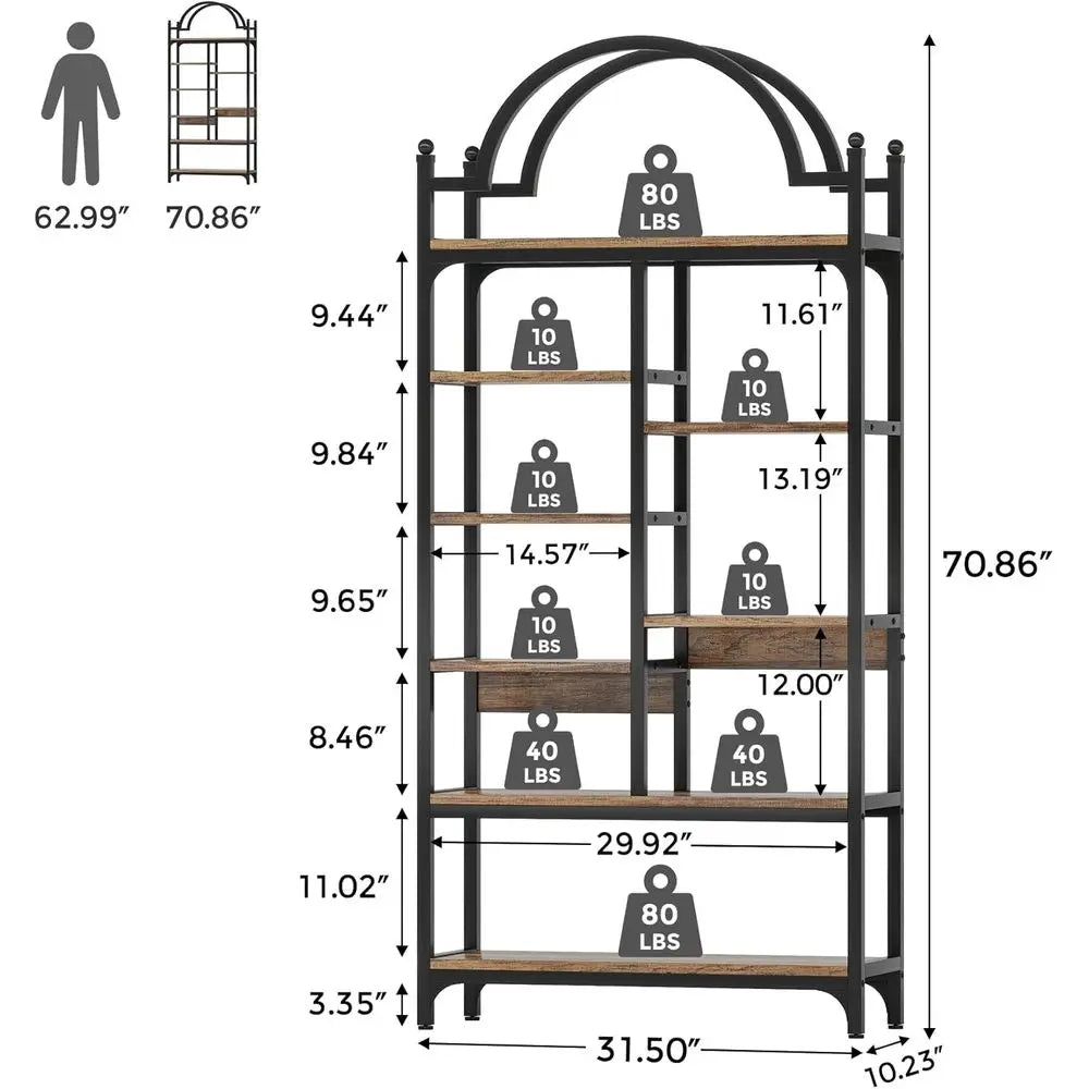 8-Tier Industrial Arched Etagere Bookcase, Open Display Storage Shelf for Living Room, Bedroom, Home Office, Rustic Brown