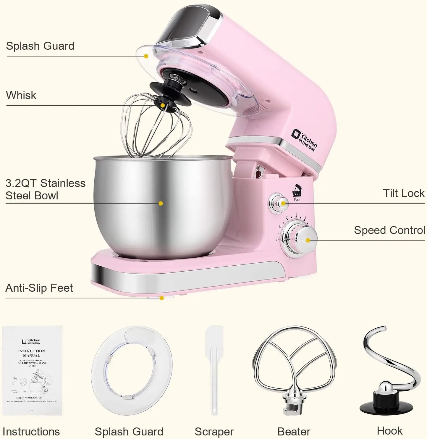 Stand Mixer,3.2Qt Small Electric Food Mixer,6 Speeds Portable Lightweight Kitchen Mixer for Daily Use with Egg Whisk,Dough