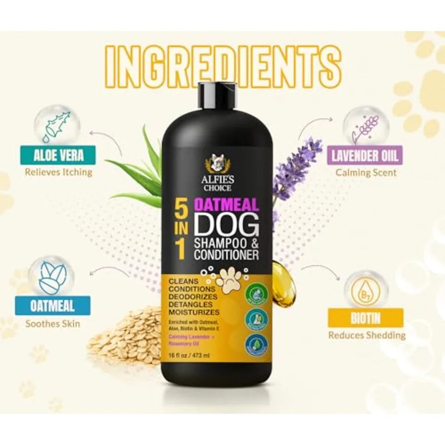 Oatmeal Dog Shampoo and Conditioner for Itchy Skin Relief. Puppy Shampoo for Sensitive Skin 5-in-1 Cleans, Deodorizes