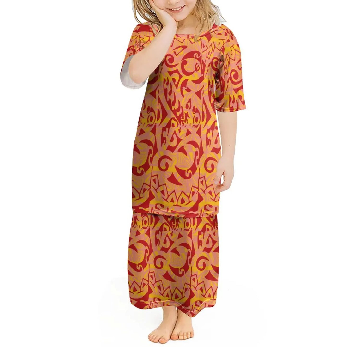 Custom Polynesian Girls Puletasi Pacific Island Floral Print Summer Crewneck Short Sleeve Maxi Party Kids Set Dress