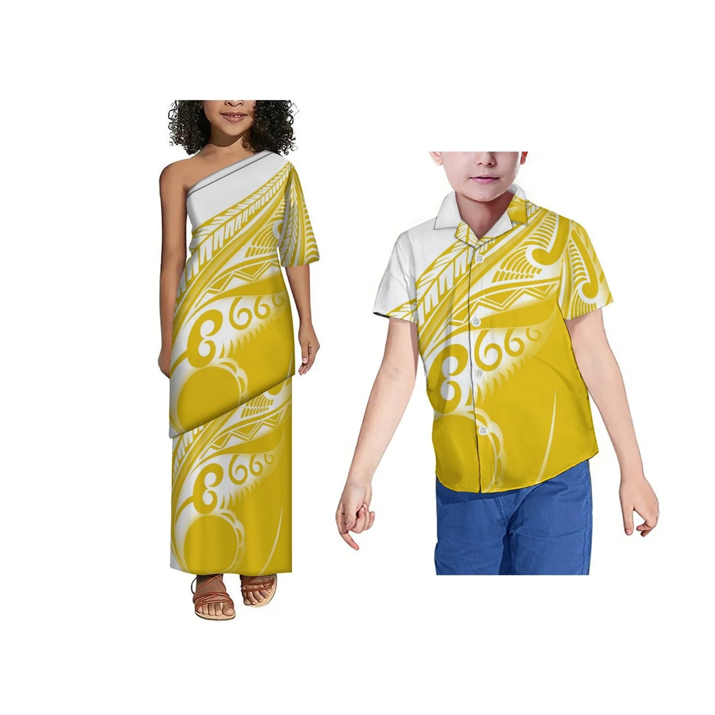 Hot Sale Custom Polynesian Tribal Print Girls Puletasi Kids Off Shoulder Toddler Dress Children 2 Piece Set Dress