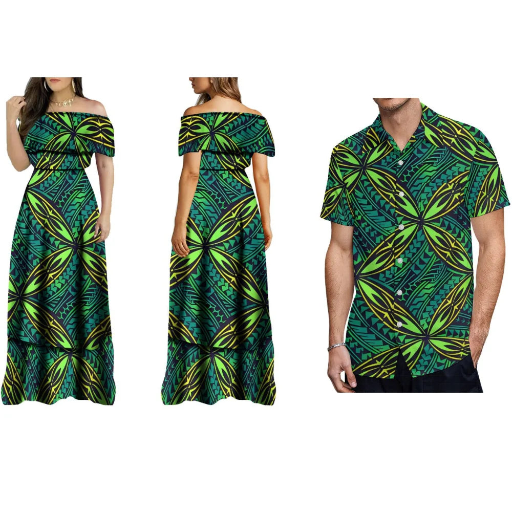 Hawaiian Floral Print Women'S Off-The-Shoulder Long Dress Cocktail Evening Dress And Men's Shirt Polynesian With Couple Suits