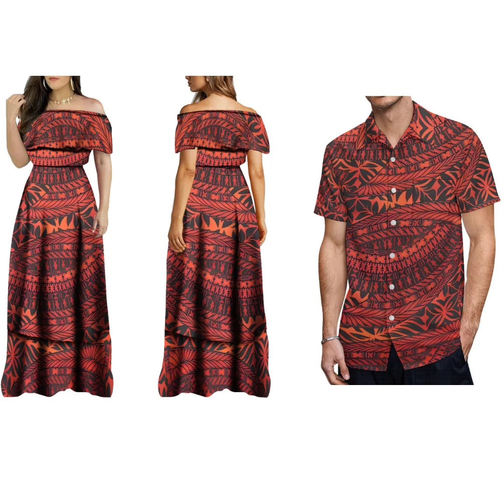 Hawaiian Floral Print Women'S Off-The-Shoulder Long Dress Cocktail Evening Dress And Men's Shirt Polynesian With Couple Suits