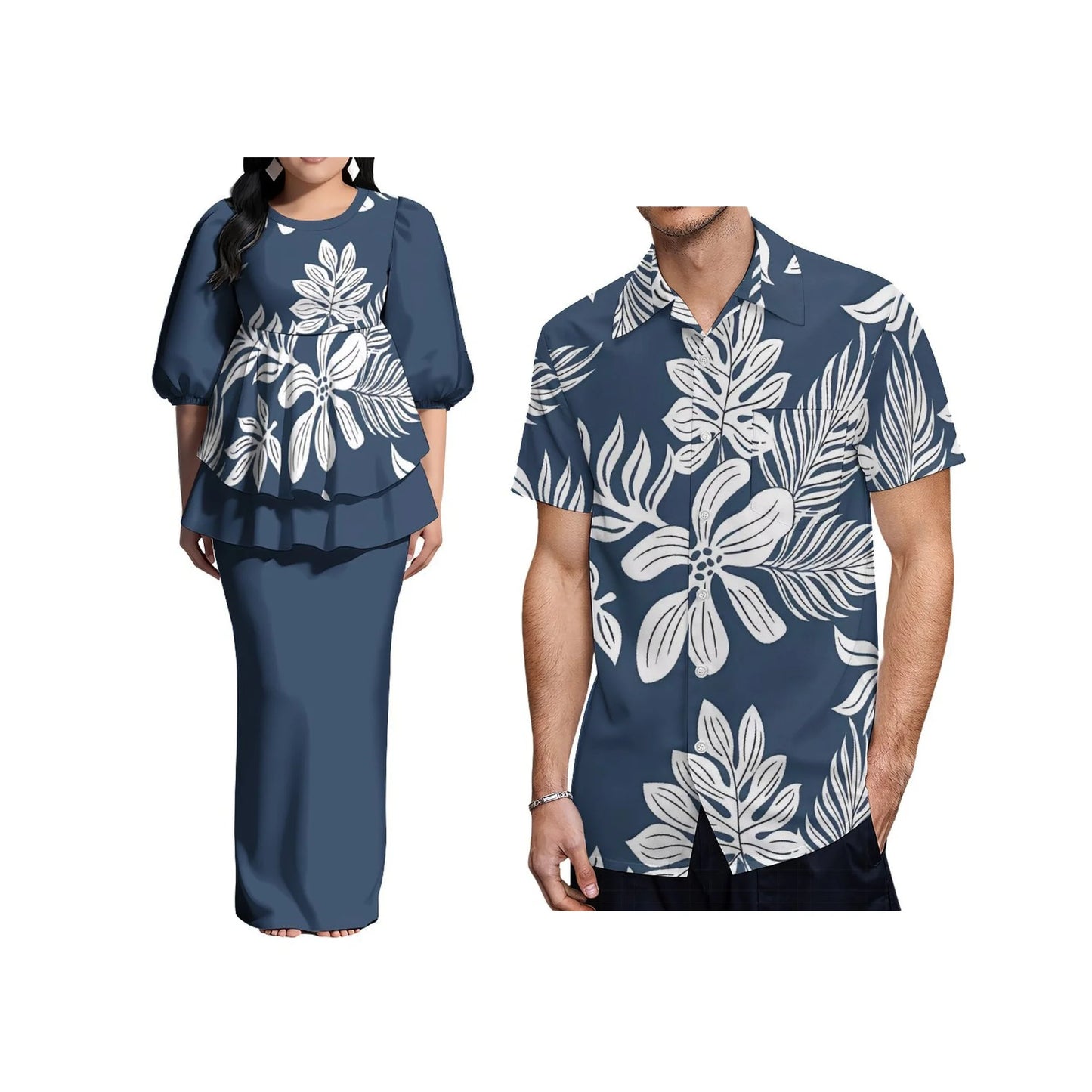Ladies Puletasi Dress Samoan Print Polynesian Puff Half Sleeve Long Maxi Dress Back Slit Dress 2 Piece and Men's Aloha Shirts
