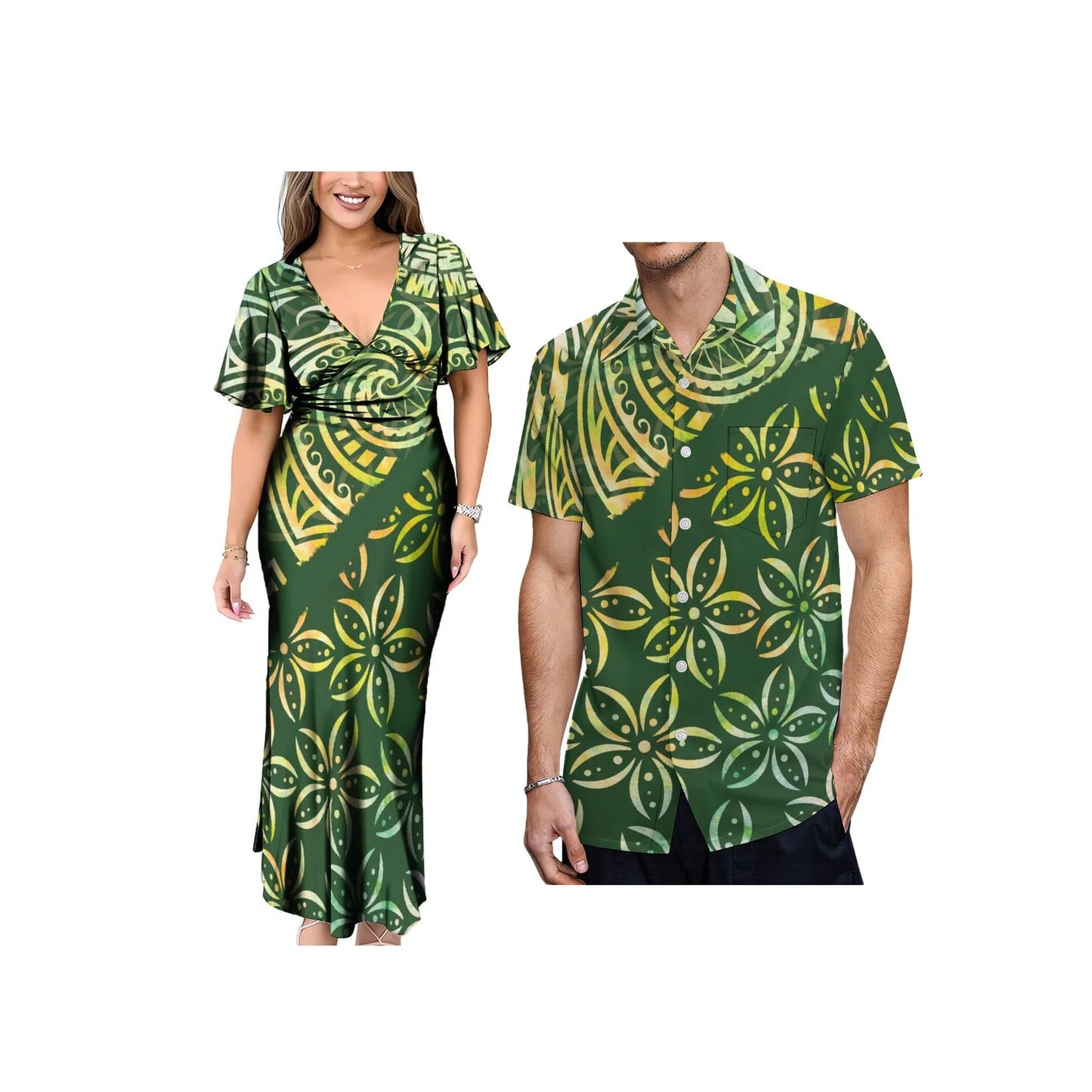 New 1MOQ Custom Print Polynesian Island Style Dress Neck Bels Flare Sleeve Long Dress Big People Size Party Dress